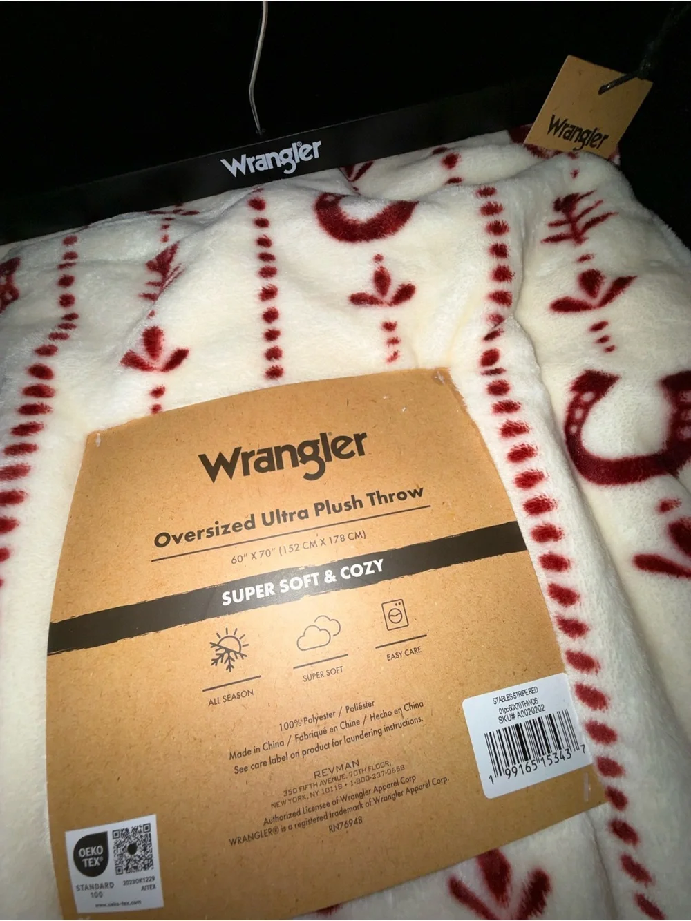 NEW Wrangler OVERSIZED 60x70” ULTRA PLUSH THROW Cream & Red Horseshoe COWGIRL
